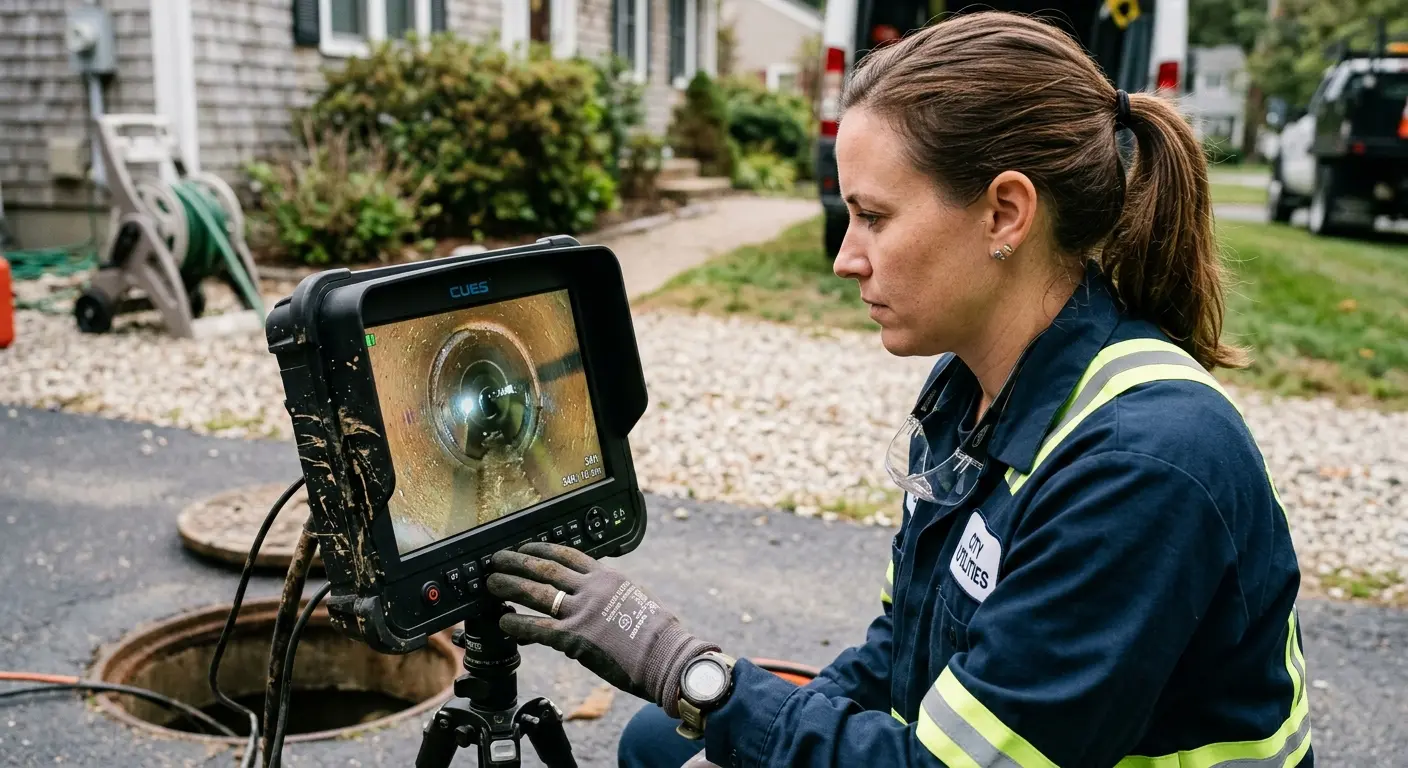 Technician reviewing sewer camera inspection footage in Grosse Pointe Woods