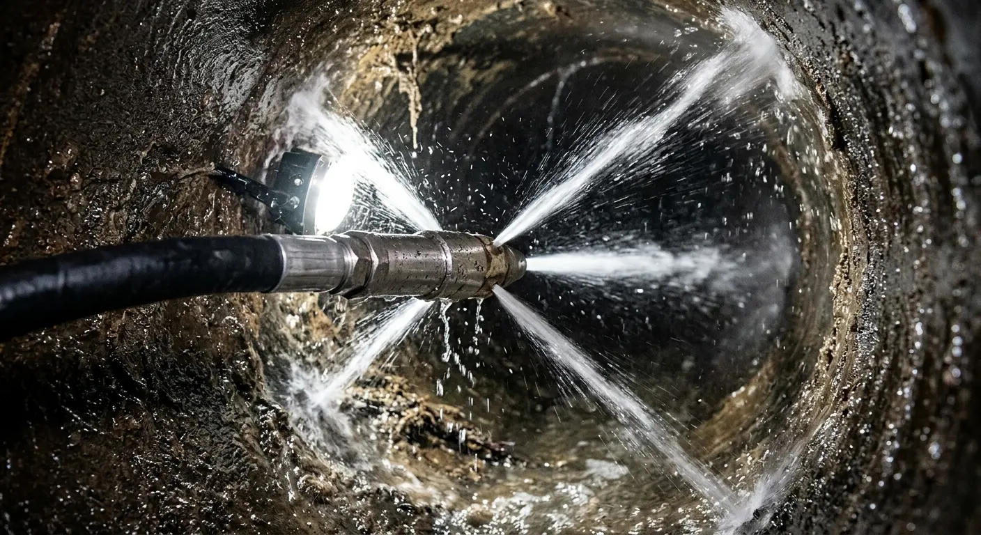 High-pressure hydro jetting nozzle cleaning sewer pipe for Emergency Drain Service in Grosse Pointe Woods