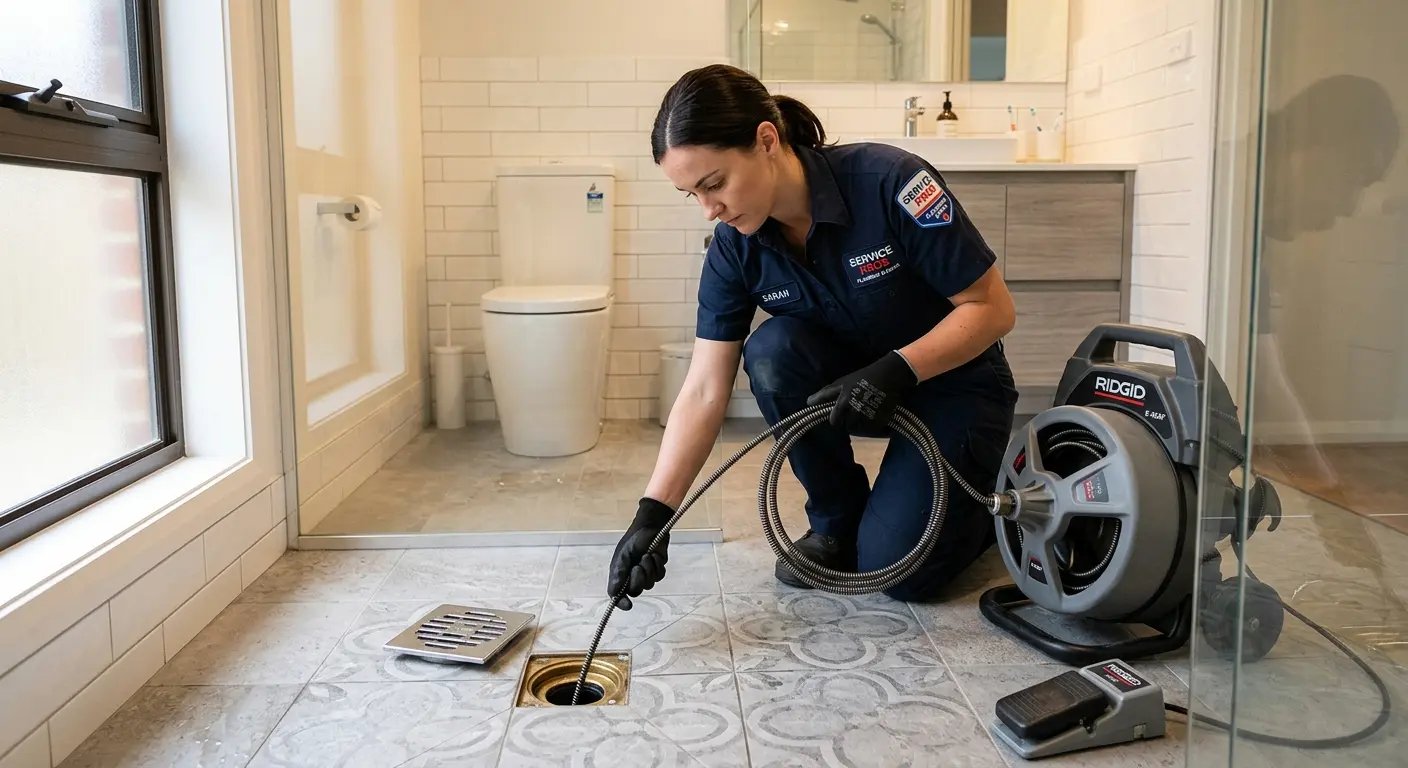Technician clearing a bathroom floor drain for Clogged Drain Repair in Grosse Pointe Woods